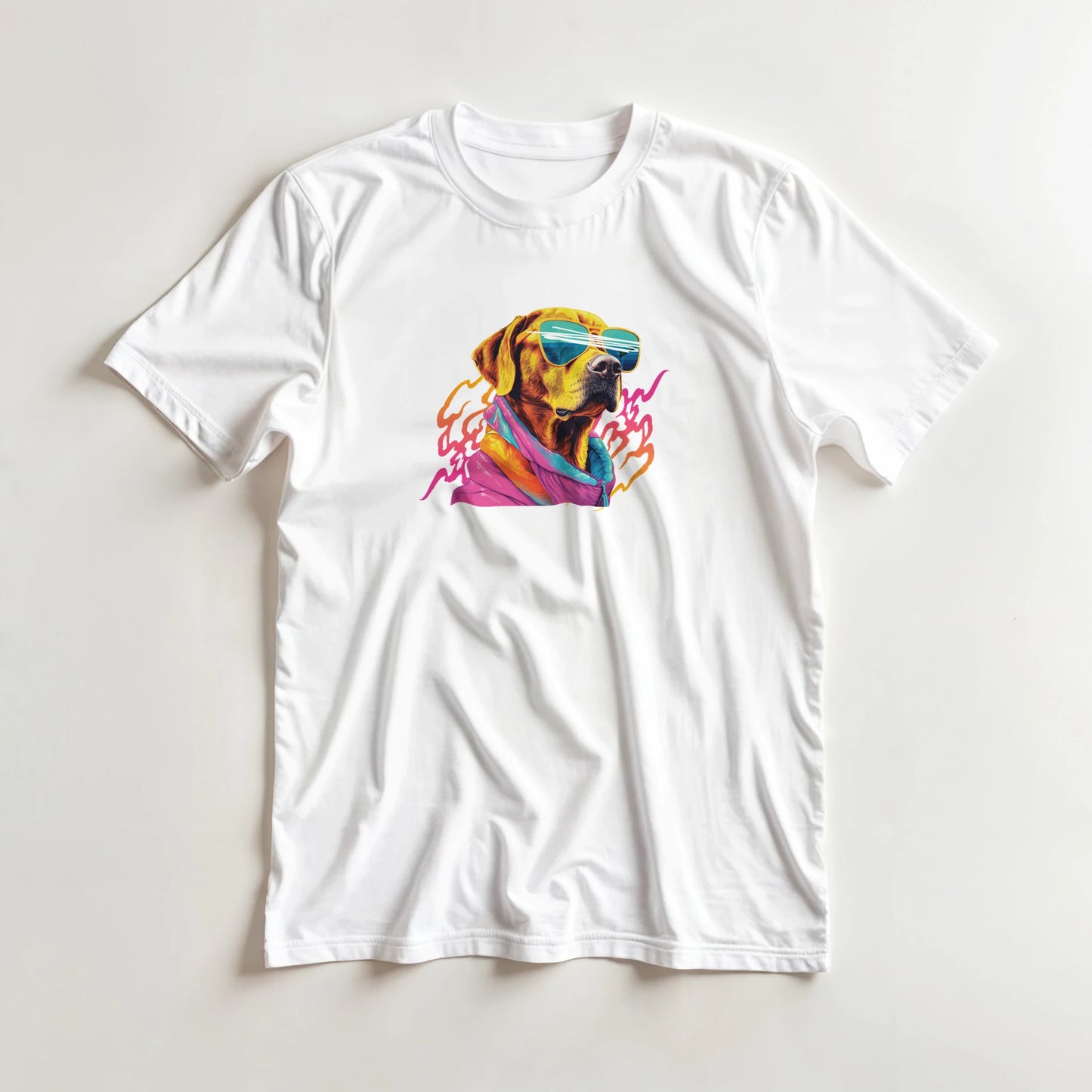 White cotton blend women's graphic tee with a colorful dog wearing sunglasses.
