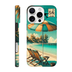 Vintage beach holiday iPhone case featuring retro deck chairs, a teal umbrella, and a tropical postmark design for coastal protection.