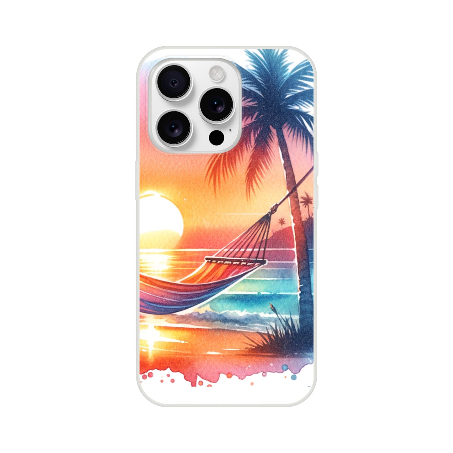 iPhone case with a tropical design featuring a hammock, palm tree, and sunset 11