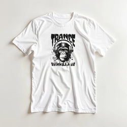White Trance DJ Monkey graphic tee featuring a gorilla wearing headphones and "Trance Gorilla" text for rave music fans.
