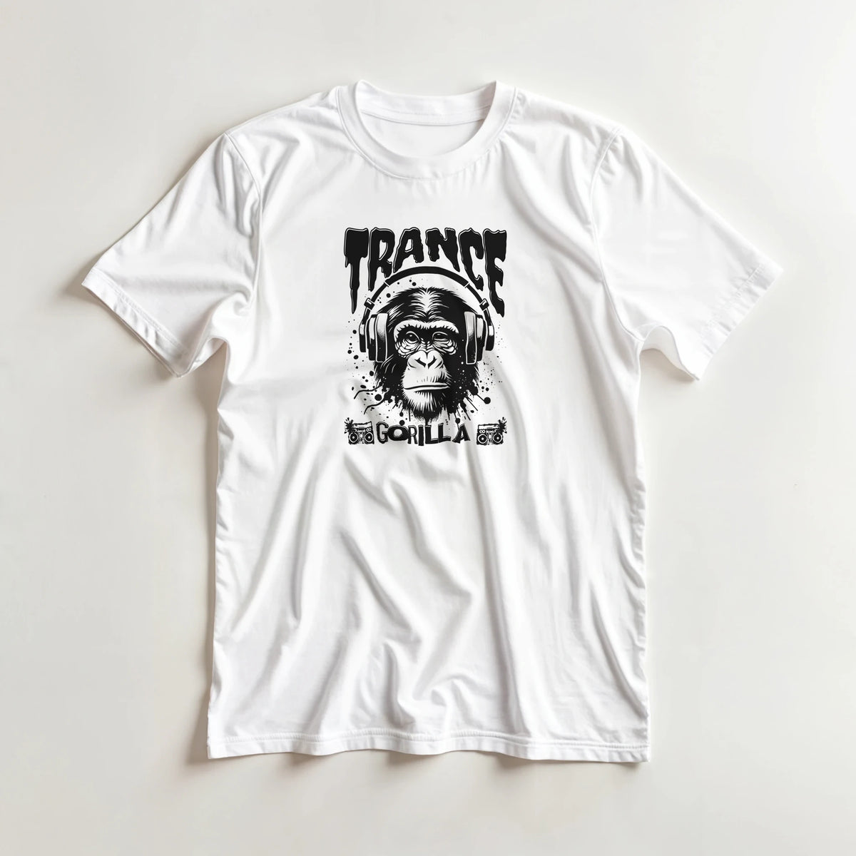 White Trance DJ Monkey graphic tee featuring a gorilla wearing headphones and "Trance Gorilla" text for rave music fans.