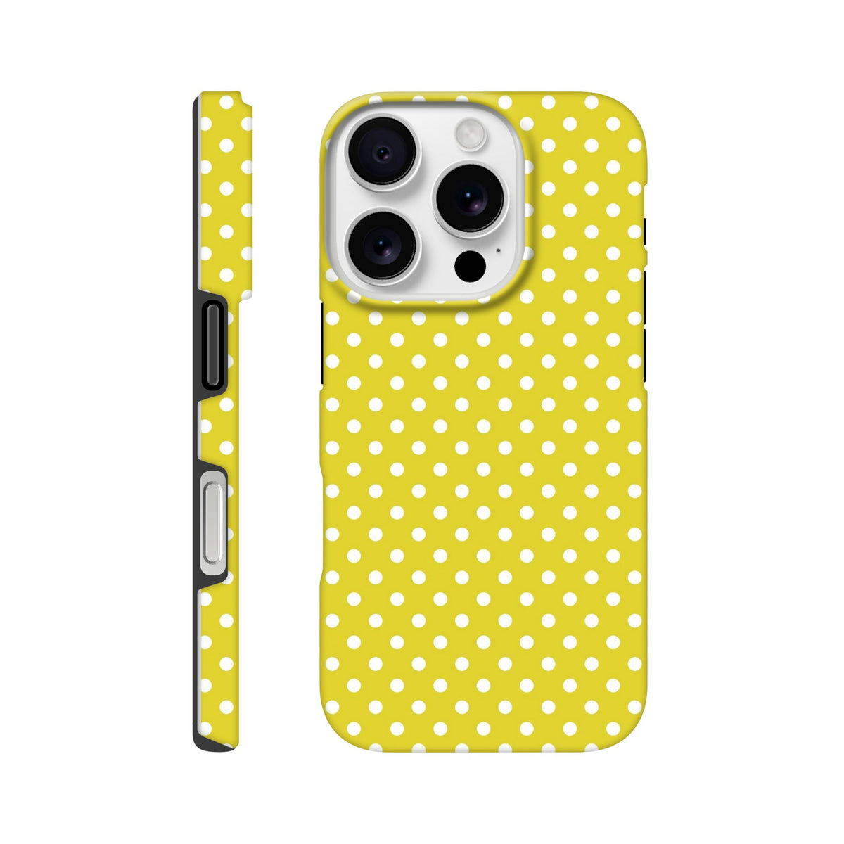 Yellow and white polka dot tough iPhone case featuring vintage styling, impact-resistant TPU construction, and precise button cutouts for models 13-16.