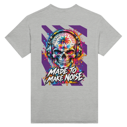 Grey men's tee featuring colorful skull with headphones and "Made to Make Noise" retro graphic back print.