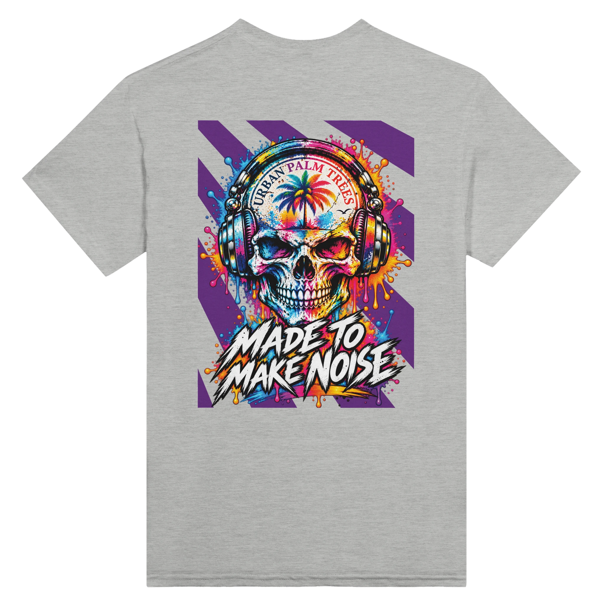 Grey men's tee featuring colorful skull with headphones and "Made to Make Noise" retro graphic back print.