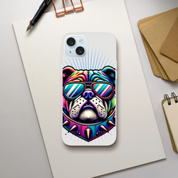 Neon rainbow bulldog graphic on a clear iPhone case with mirrored sunglasses (13–16)