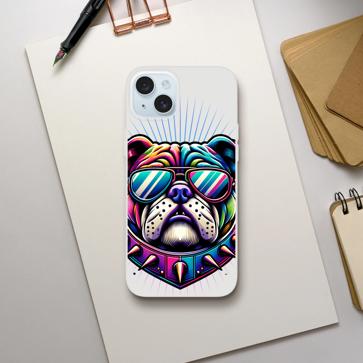 Neon rainbow bulldog graphic on a clear iPhone case with mirrored sunglasses (13–16)