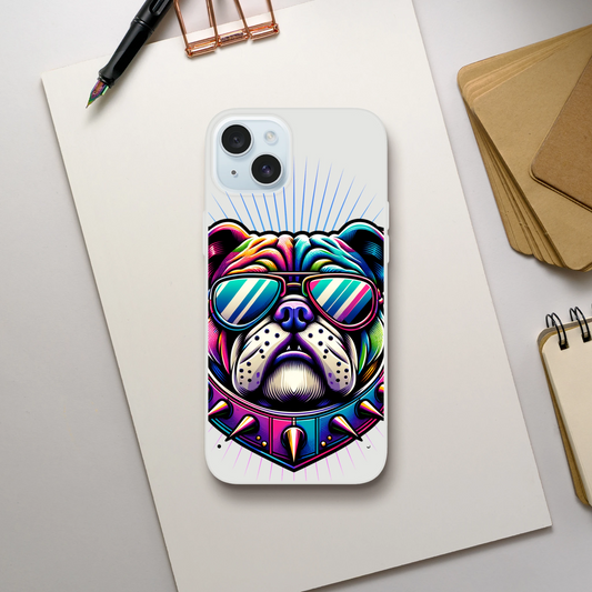 Neon rainbow bulldog graphic on a clear iPhone case with mirrored sunglasses (13–16)