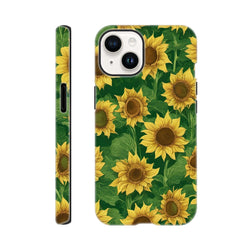 Tough sunflower iPhone case with wraparound floral print featuring yellow blooms and green leaves on a deep green background for everyday drop protection.