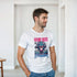 Man wearing white cotton-blend Monkey DJ men's graphic T-shirt with pink-blue monkey design and Future Beats Evolution