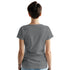 Back view of a woman wearing a heather gray cotton-blend T-shirt.