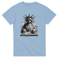 Light blue men's tee featuring a black and white graphic of the Statue of Liberty wearing headphones and mixing music on a DJ deck.
