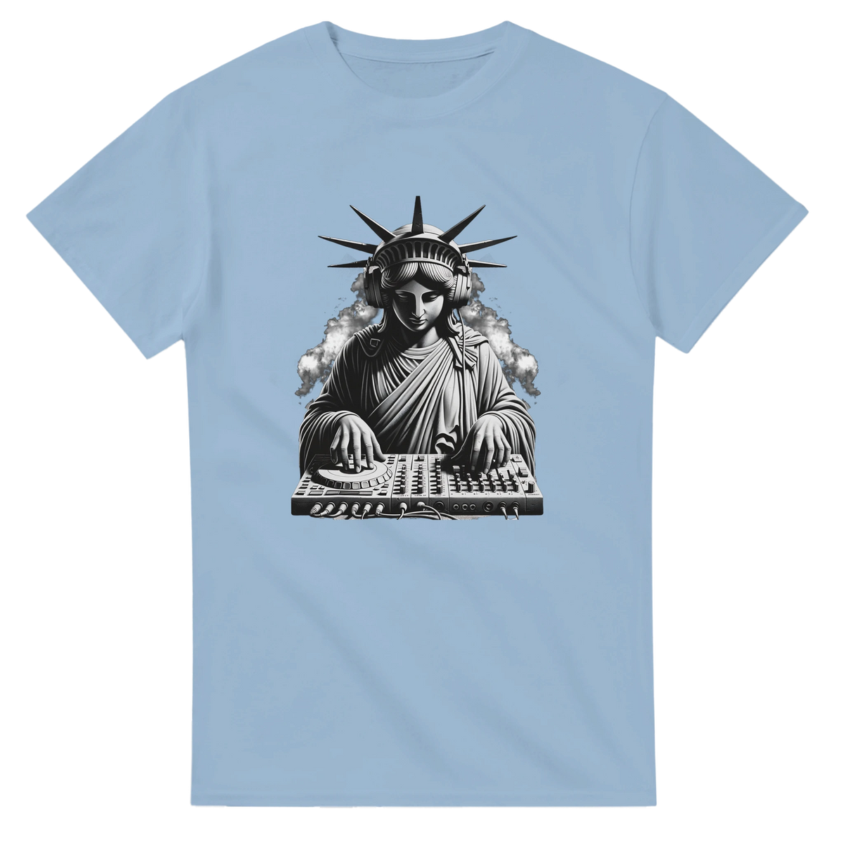 Light blue men's tee featuring a black and white graphic of the Statue of Liberty wearing headphones and mixing music on a DJ deck.
