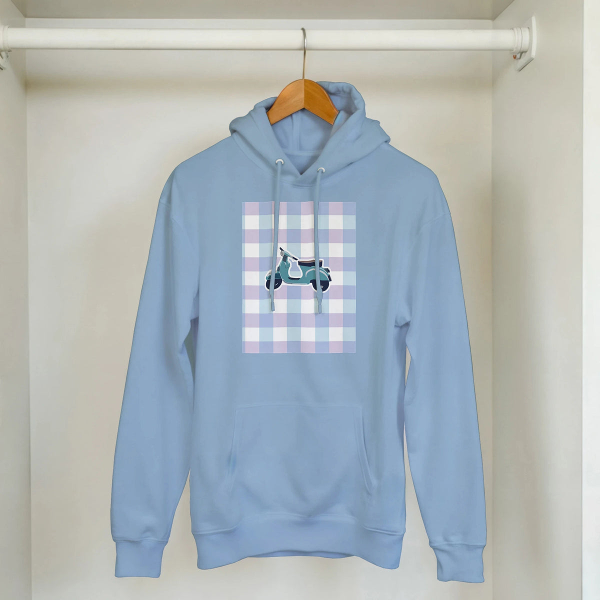 Light blue retro scooter gingham hoodie for women with vintage mod style graphic pullover design featuring a checkered pattern.
