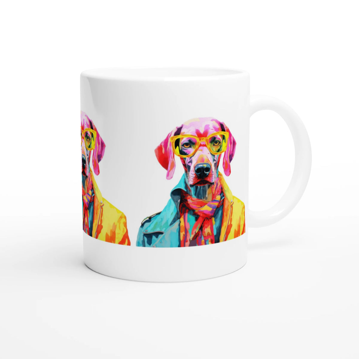 Gent Dog mug featuring a colorful dog wearing yellow glasses on glossy white ceramic.