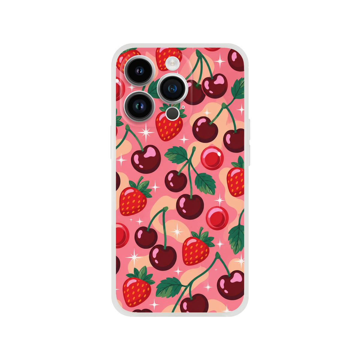Retro cherry and strawberry iPhone case on pink background. Cute fruit pattern with sparkles for iPhone 13-16 shock-absorbing TPU cover.