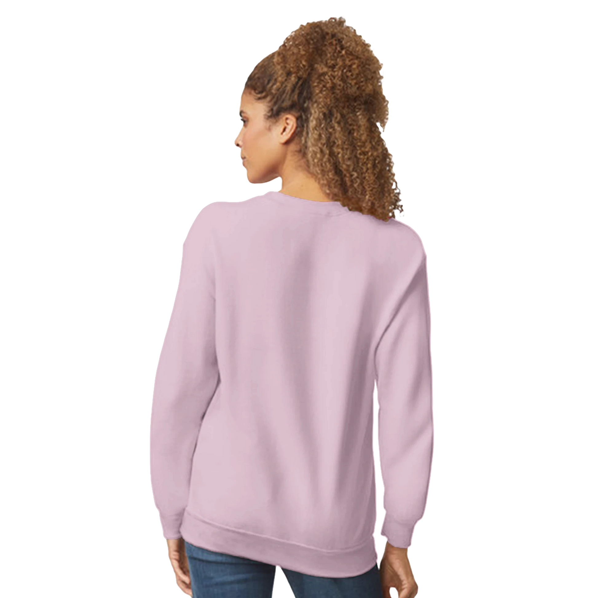Back view of a woman wearing a lavender Mental Health Jumper Women's Graphic Sweatshirt, soft cotton blend.