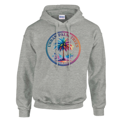 Gray men's pullover hoodie with a vibrant circular palm tree graphic in retro streetwear style.
