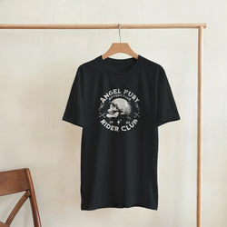 Black Angel Fury Rider Club graphic T-shirt on a hanger featuring a skull design.