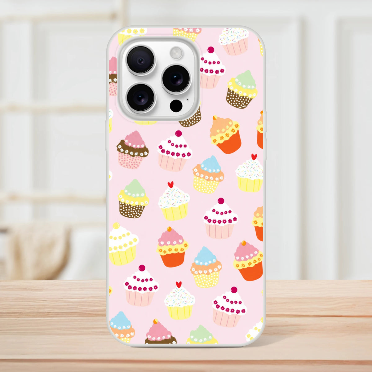 Pastel cupcake pattern iPhone case for 13-16, slim matte finish, kawaii sweet-treat design on pink