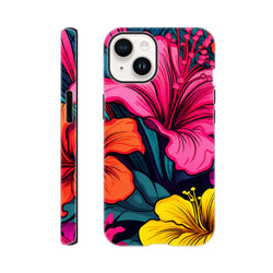 Vibrant hibiscus iPhone case featuring bold pink, orange, and yellow tropical florals with a seamless wraparound design for tough daily carry protection.