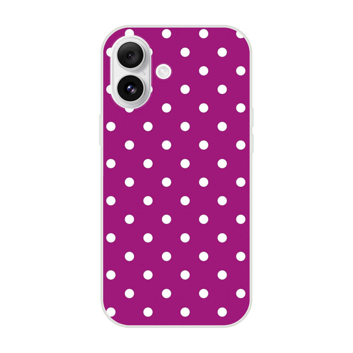 Purple & white polka dot retro iPhone case with matte finish. Shock-absorbing TPU phone cover compatible with iPhone 13-16 series.