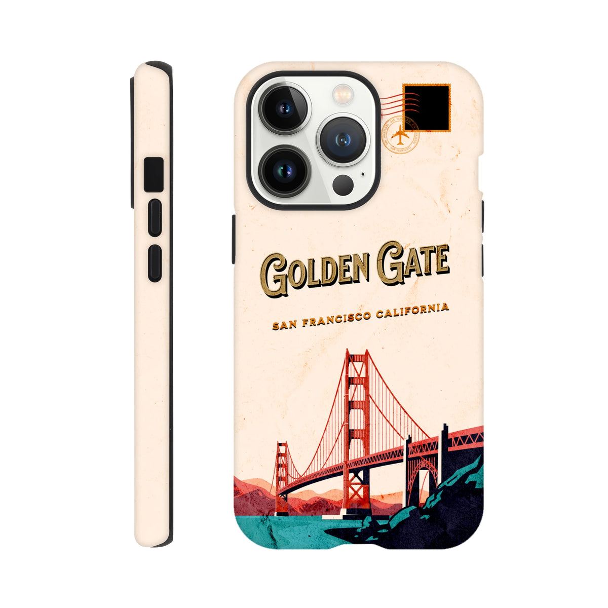 Vintage postcard iPhone case featuring Golden Gate Bridge illustration, "San Francisco California" text, and retro stamp design.