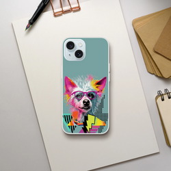 Funny Dog iPhone Case (13-16) Retro Dog Aesthetic: teal cover featuring a colorful dog with pink glasses.