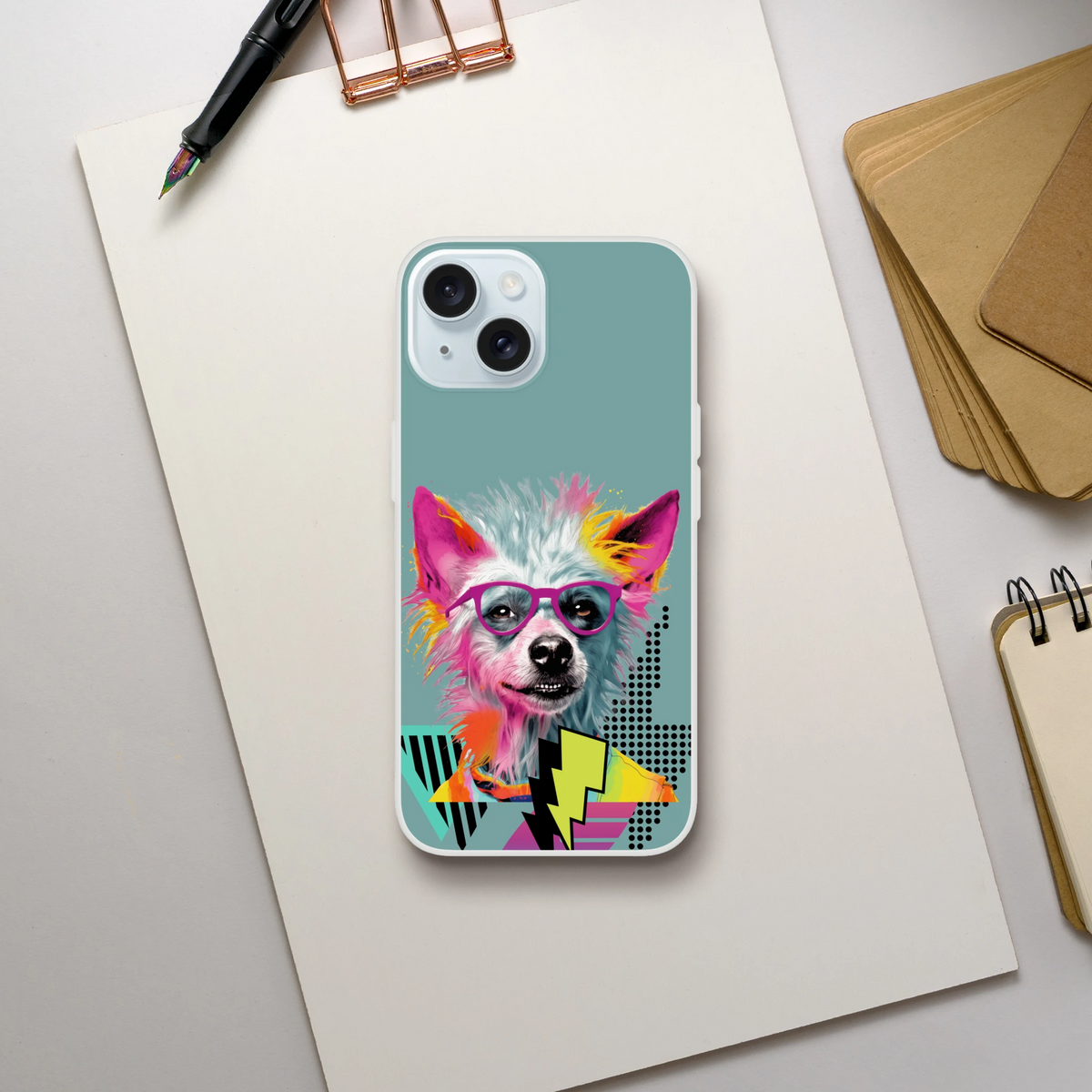 Funny Dog iPhone Case (13-16) Retro Dog Aesthetic: teal cover featuring a colorful dog with pink glasses.