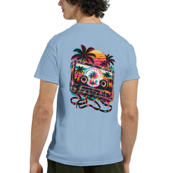 Retro cassette tape back print featuring palm trees and sunset on a light blue men's t-shirt.