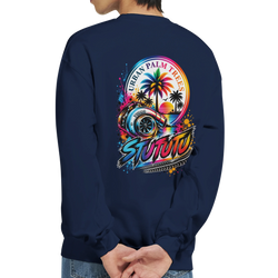 Navy crewneck sweatshirt featuring a colorful back print of a turbocharger, palm trees, and sunset graphic for petrolheads.