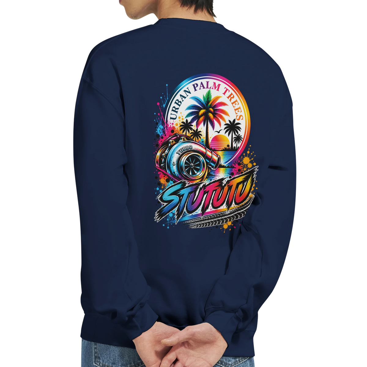 Navy crewneck sweatshirt featuring a colorful back print of a turbocharger, palm trees, and sunset graphic for petrolheads.