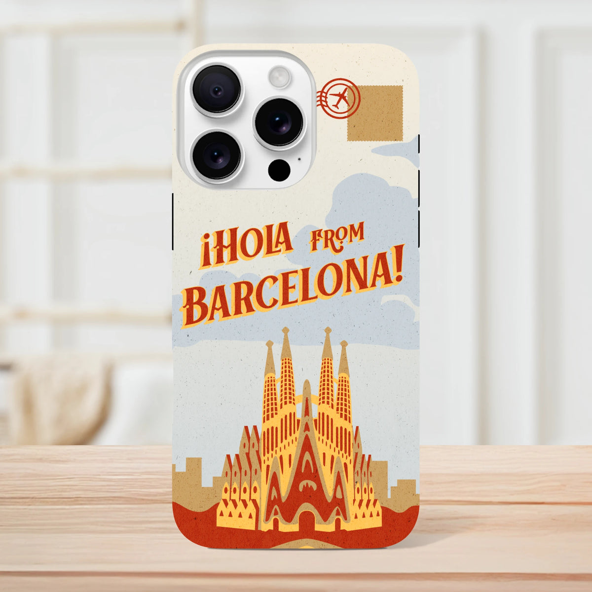 Barcelona Travel Postcard Tough iPhone Case for iPhone 13–16, Spain wraparound postcard design.