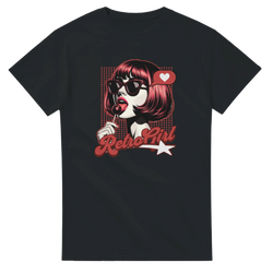 Retro Pop Art Girl graphic tee featuring a cool girl with sunglasses, lollipop, and heart bubble on black shirt.