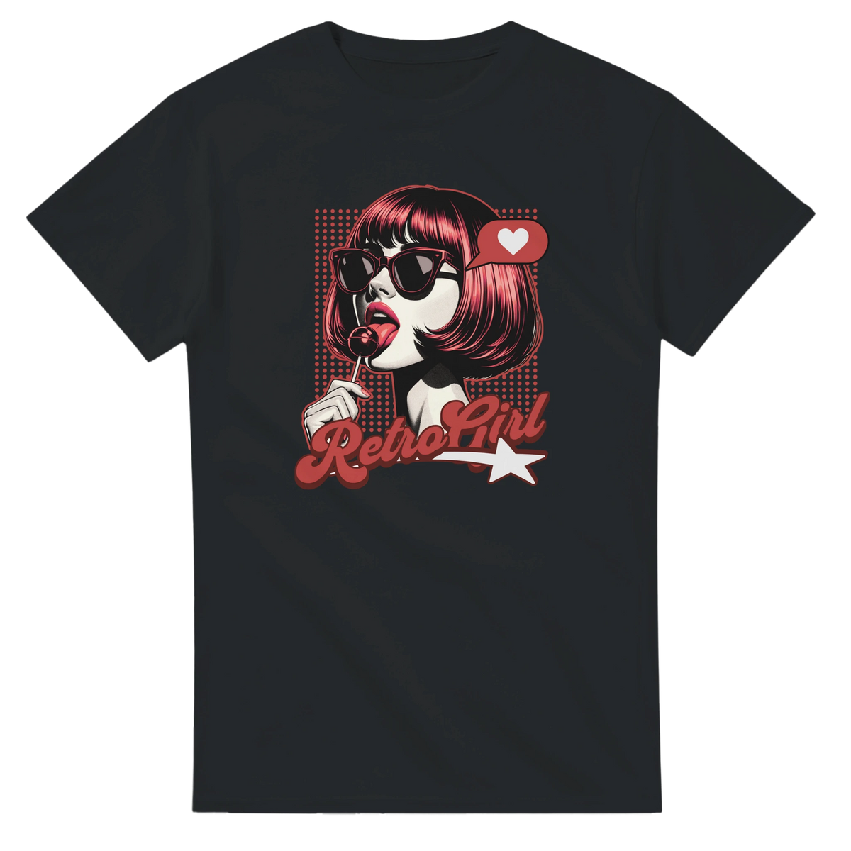 Retro Pop Art Girl graphic tee featuring a cool girl with sunglasses, lollipop, and heart bubble on black shirt.