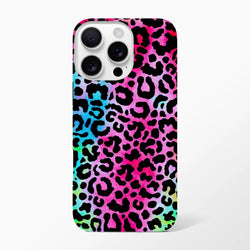 Vibrant rainbow leopard print tough iPhone case offering drop protection and bold animal print street style for iPhone 13-16.