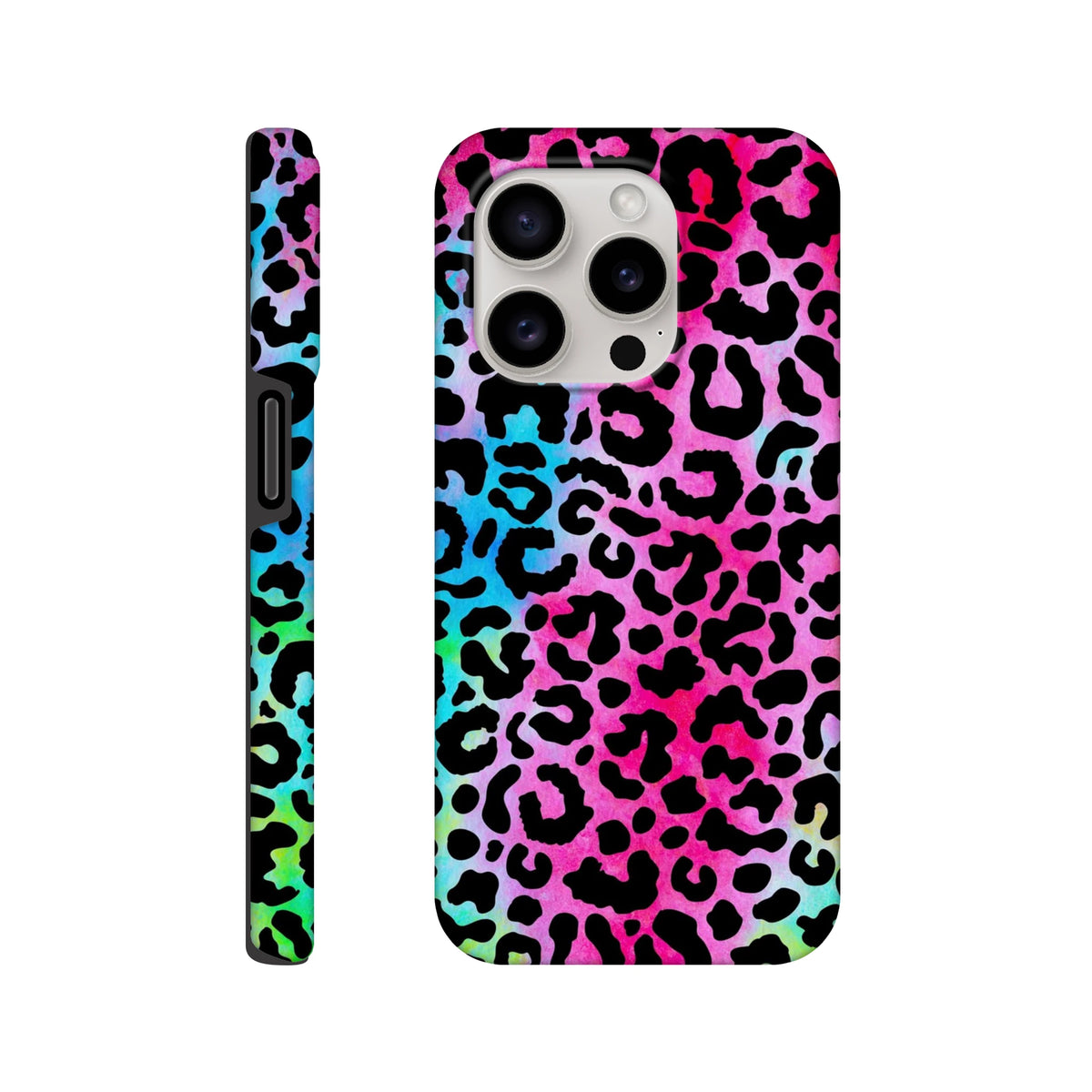 Vibrant rainbow leopard print tough iPhone case providing drop protection and full wireless charging access for street style.