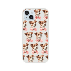 Clear iPhone case with a repeating pattern of cute dogs wearing pink bows.