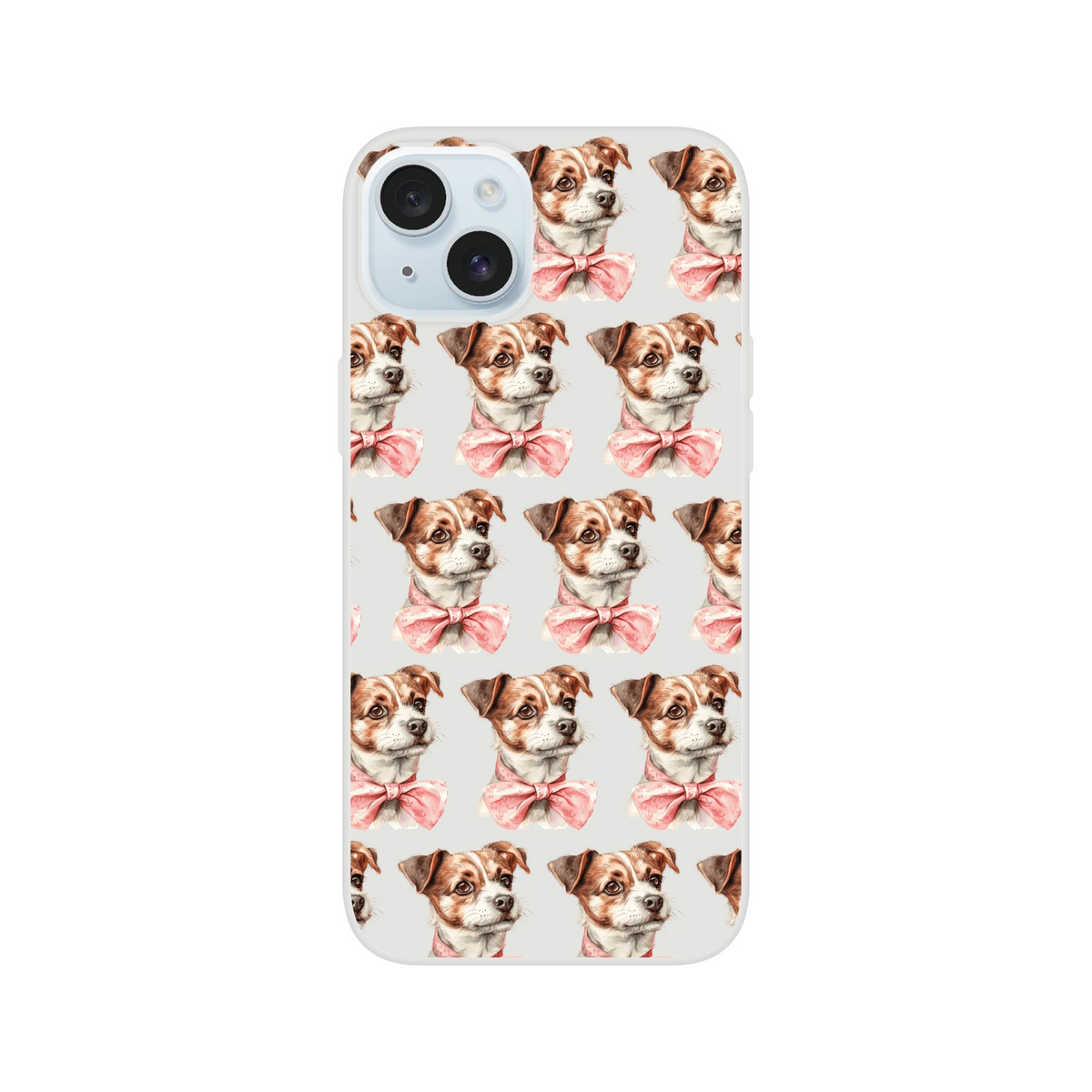 Clear iPhone case with a repeating pattern of cute dogs wearing pink bows.