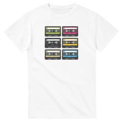 White men's t-shirt featuring a retro 80s graphic of six colorful vintage audio cassette tapes arranged in a grid for music lover streetwear.