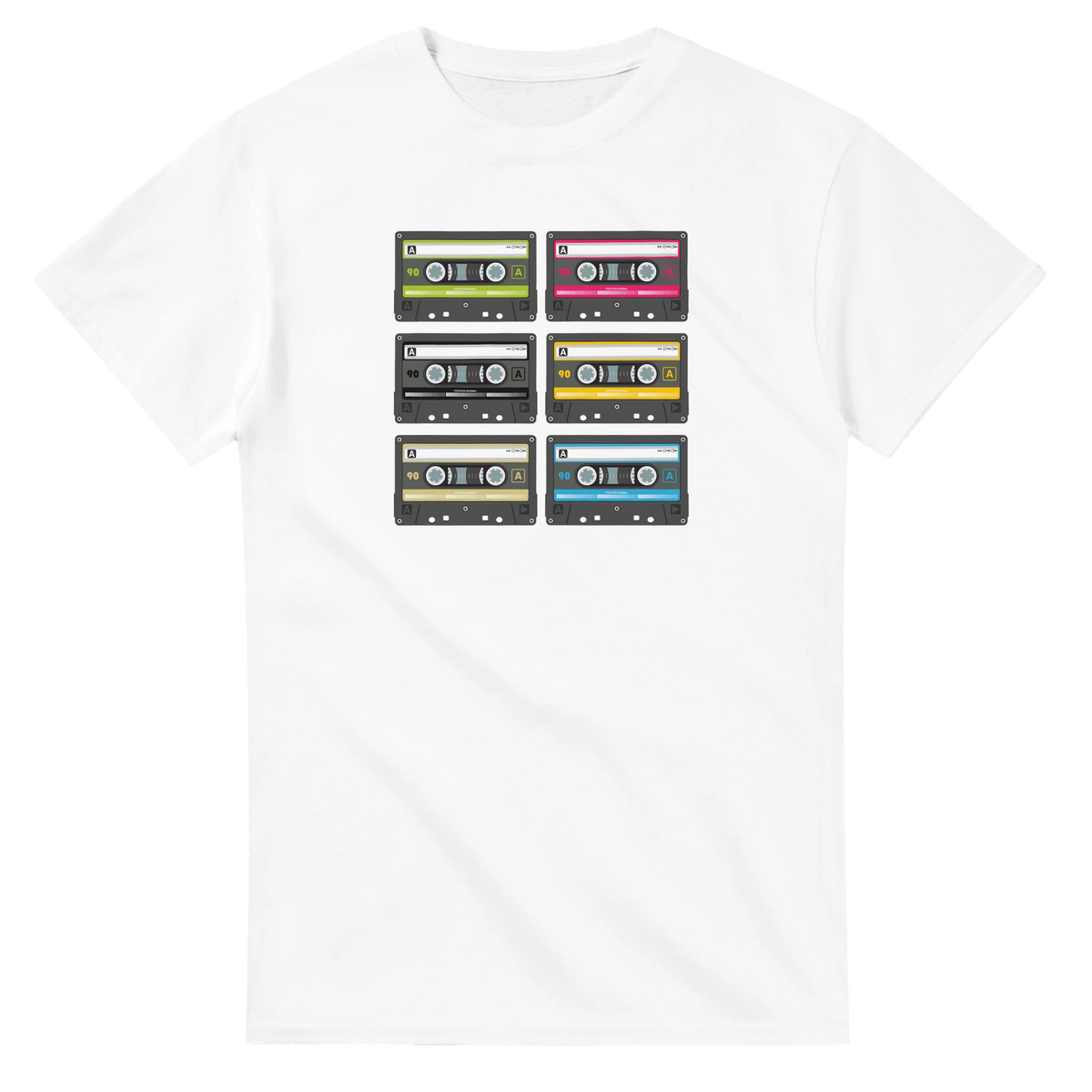 White men's t-shirt featuring a retro 80s graphic of six colorful vintage audio cassette tapes arranged in a grid for music lover streetwear.