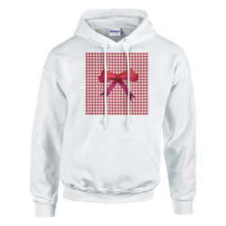 White pullover hoodie featuring a red gingham square with a large red bow, capturing the cute coquette aesthetic for women.