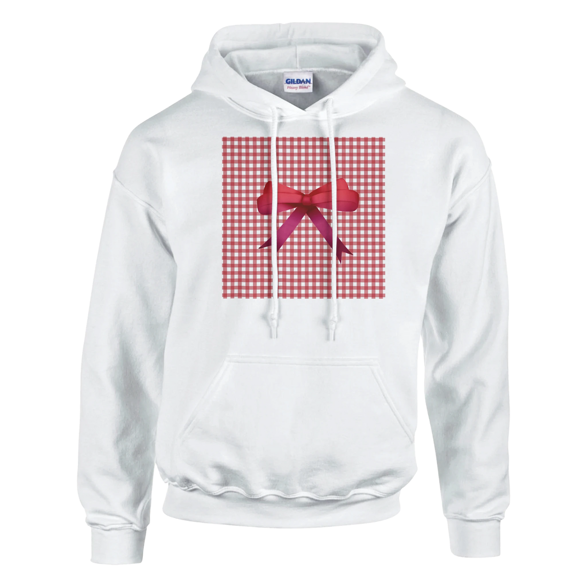 White pullover hoodie featuring a red gingham square with a large red bow, capturing the cute coquette aesthetic for women.