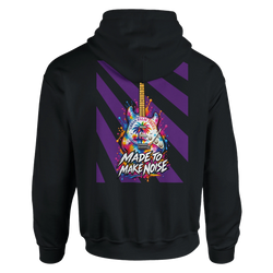 Black hoodie featuring colorful retro electric guitar back print with palm trees and "Made to Make Noise" text over purple stripes.