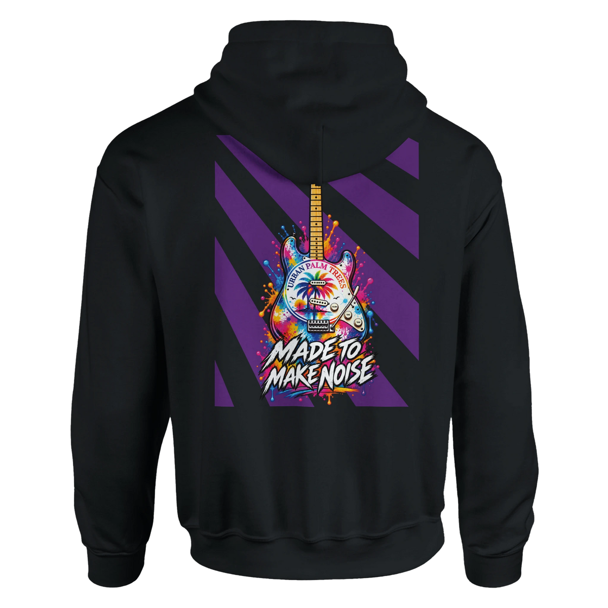 Black hoodie featuring colorful retro electric guitar back print with palm trees and "Made to Make Noise" text over purple stripes.