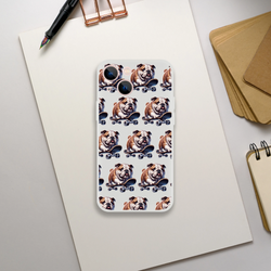 Frosty transparent slim phone case with a repeated bulldog-on-skateboard design for iPhone 13-16.