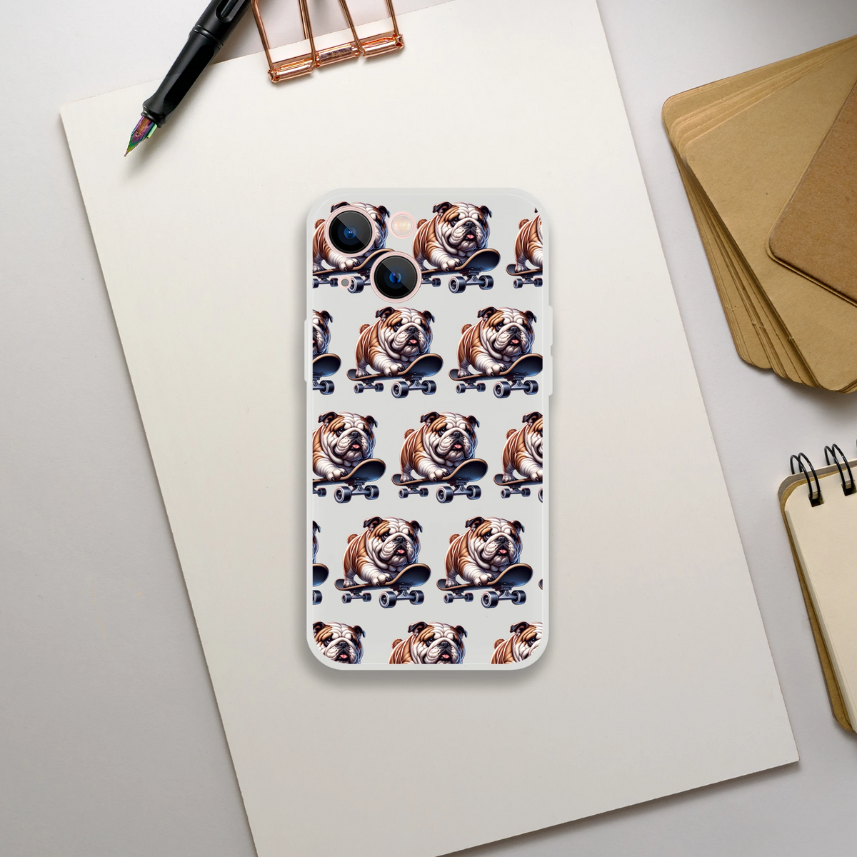 Frosty transparent slim phone case with a repeated bulldog-on-skateboard design for iPhone 13-16.