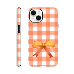 Orange gingham iPhone case with a cute yellow bow. Tough coquette phone cover featuring a bold check pattern and impact-resistant shielding for daily commutes.