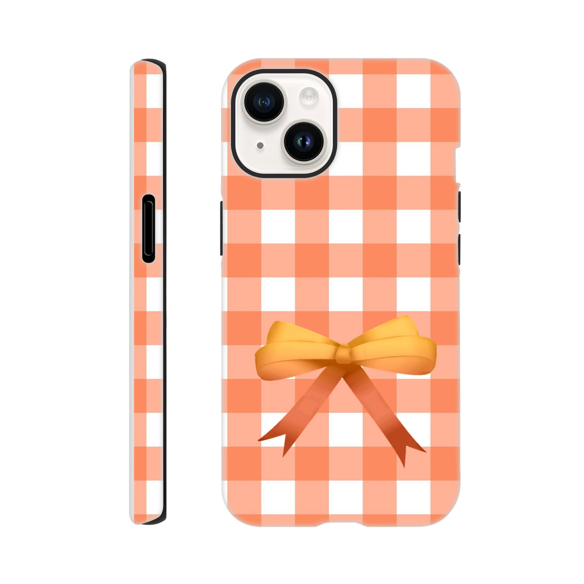 Orange gingham iPhone case with a cute yellow bow. Tough coquette phone cover featuring a bold check pattern and impact-resistant shielding for daily commutes.