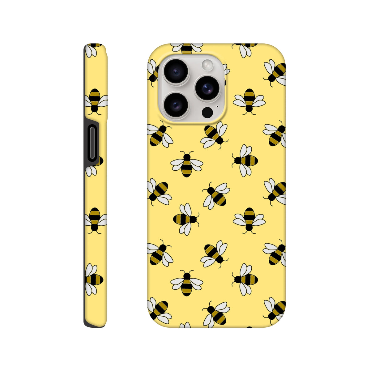 Yellow iPhone case with cute bumble bee pattern and wraparound print for everyday protection on iPhone 13-16 models.