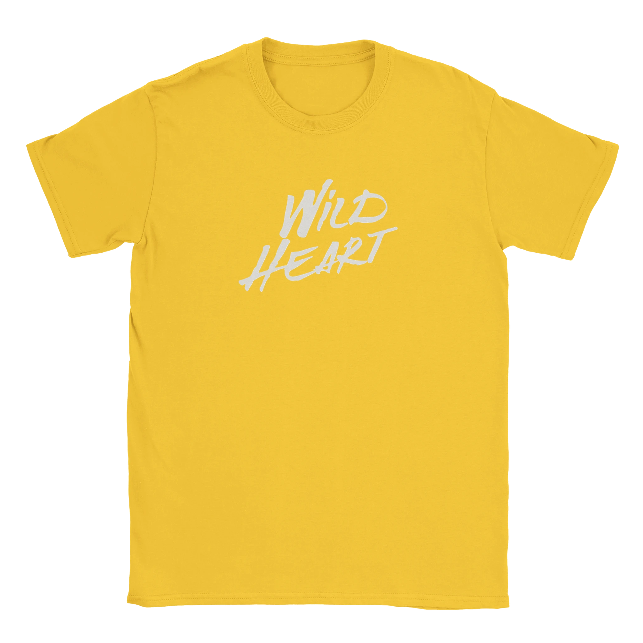 Yellow women's T-shirt with white retro "Wild Heart" slogan graphic.